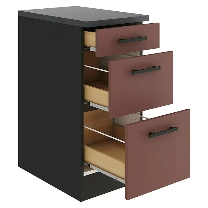 Optifit Nizza407 Unterschrank - 60 x 40 x 84,8 cm, Rostrot, Mit 1 Schubkasten und 2 Auszügen - Dunkelgrauer Schrank mit drei offenen, rötlich-braunen Schubladen, hellem Holzinterieur und schwarzen Griffen.