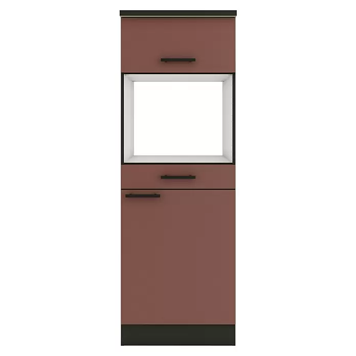 Optifit Nizza407 Küchen-Midischrank - 60 x 60 x 174,4 cm, Rostrot, Für Mikrowelle mit 1 Klappe, 1 Schubkasten und 1 Tür - Brauner Einbauschrank mit schwarzen Griffen, einer oberen Schublade, einer offenen Nische, zwei mittleren Schubladen und einer unteren Tür.