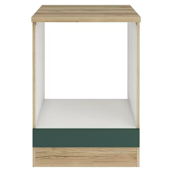 Optifit Savona405 Herdumbauschrank - B x T x H: 60 x 60 x 84,8 cm, Steingrün - Offener Küchenunterschrank mit heller Holzmaserung, weißem Innenraum und dunkelgrüner Frontplatte.