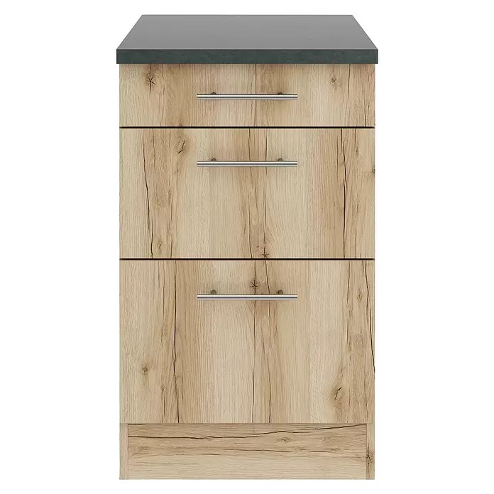 Optifit Livorno290 Unterschrank - 60 x 50 x 84,8 cm, Wildeiche Nachbildung, Mit 1 Schubkasten und 2 Auszügen - Heller Holzschubladenschrank mit drei Schubladen, dunkelgrauer Arbeitsplatte und silbernen Griffen.