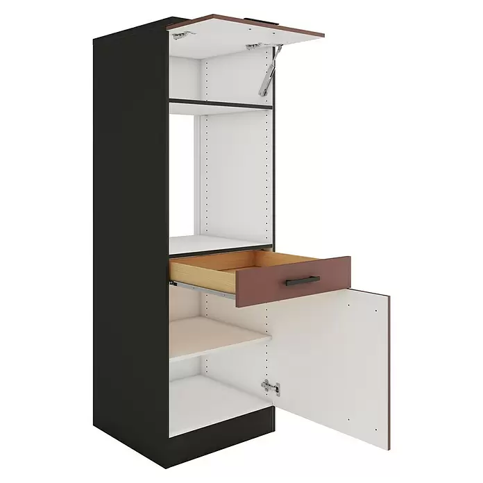 Optifit Nizza407 Küchen-Midischrank - 60 x 60 x 174,4 cm, Rostrot, Für Backofen und Kühlschrank 88 cm mit 1 Tür und Arbeitsplatte - Hoher Küchenschrank mit dunkler Außenseite, weißem Innenraum, rotbrauner Klapptür oben, teilweise geöffneter Schublade und Bodentür.