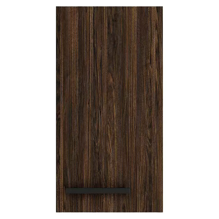 Optifit OPTIkult Hängeschrank Rimini409 - 34,6 x 30 x 57,6 cm, Rillendekor Nussbaum - Dunkle Holzplatte mit vertikaler Maserung und integriertem schwarzem Griff.