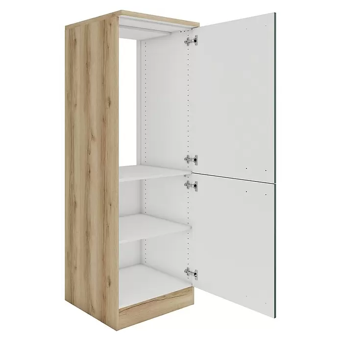 Optifit Savona405 Küchen-Midischrank - 60 x 60 x 174,4 cm, Steingrün, Mit 2 Türen und Arbeitsplatte für Kühlschrank 88 cm - Offener Kleiderschrank mit heller Holzseite und Sockel, weißen Innenböden und zwei offenen weißen Türen.