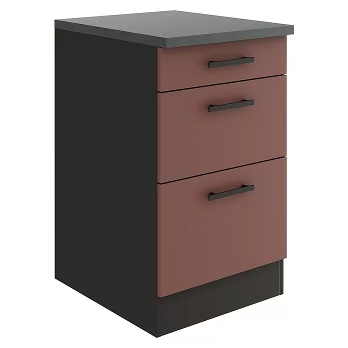 Optifit Nizza407 Unterschrank - 60 x 50 x 84,8 cm, Rostrot, Mit 1 Schubkasten und 2 Auszügen - Dreischubladenschrank mit dunkelgrauer Platte, dunkelgrauem Rahmen, rostfarbenen Fronten und schwarzen Griffen.