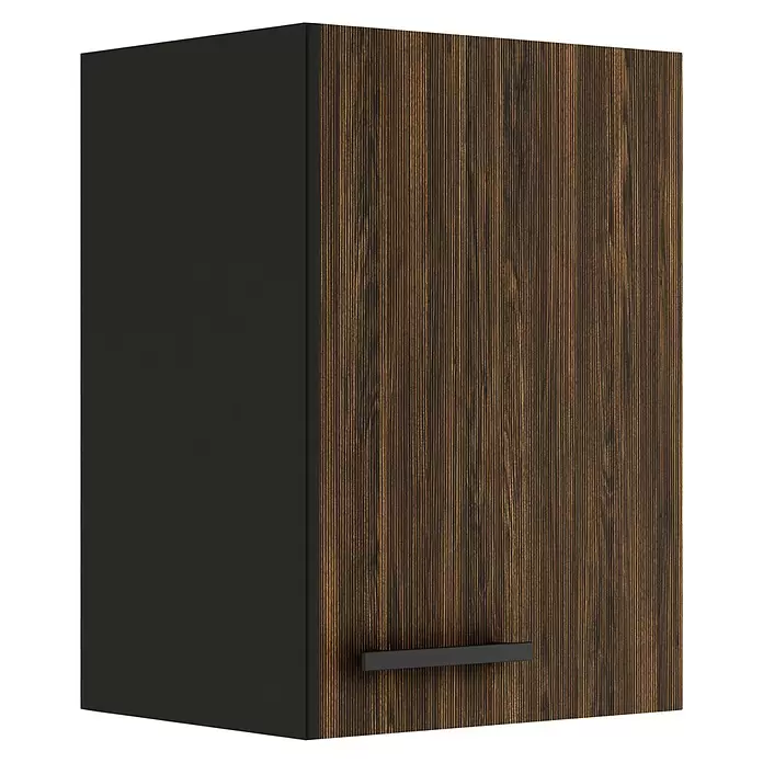 Optifit OPTIkult Hängeschrank Rimini409 - 34,6 x 40 x 57,6 cm, Rillendekor Nussbaum - Dunkler Wandschrank mit Holzmaserung, anthrazitfarbener Seite und minimalistischem schwarzem Griff.