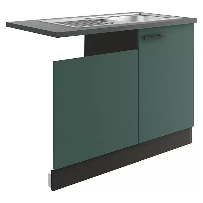 Optifit Verona405 Spülenunterschrank - 60 x 110 x 84,8 cm, Steingrün, Mit Blende 60 cm für teilintegrierten Geschirrspüler - Dunkelgrauer Küchenspülunterschrank mit integrierter Edelstahlspüle, dunkelgrünen Türen und schwarzem Griff.