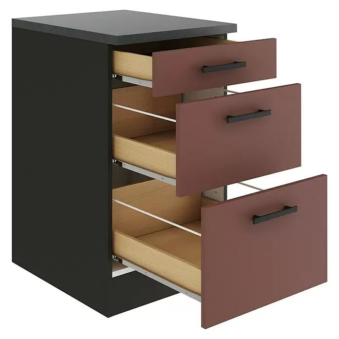 Optifit Nizza407 Unterschrank - 60 x 50 x 84,8 cm, Rostrot, Mit 1 Schubkasten und 2 Auszügen - Dunkelgrauer Schrank mit drei braunen Schubladen, teilweise geöffnet mit hellem Holzinterieur und weißen Metallstangen.