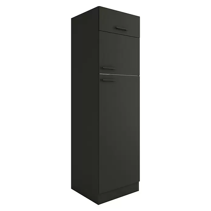 Optifit Madrid420 Geräteumbauschrank - 60 x 60 x 206,8 cm, Anthrazit Matt, Für Kühlschrank Typ 2, Mit Klappe - Hoher, dunkelgrauer moderner Schrank mit einer oberen Schublade und zwei großen Türen, alle mit horizontalen schwarzen Griffen.