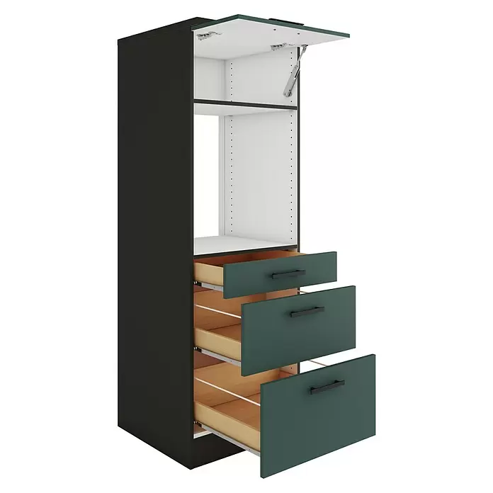 Optifit Verona405 Midischrank - 60 x 60 x 174,4 cm, Steingrün, Für Backofen mit 1 Klappe, 1 Schubkasten und 1 Tür - Hoher dunkelgrauer Küchenschrank mit offener Klapptür und drei offenen grünen Schubladen mit schwarzen Griffen, die weiße Fächer und Holzschubladen zeigen.