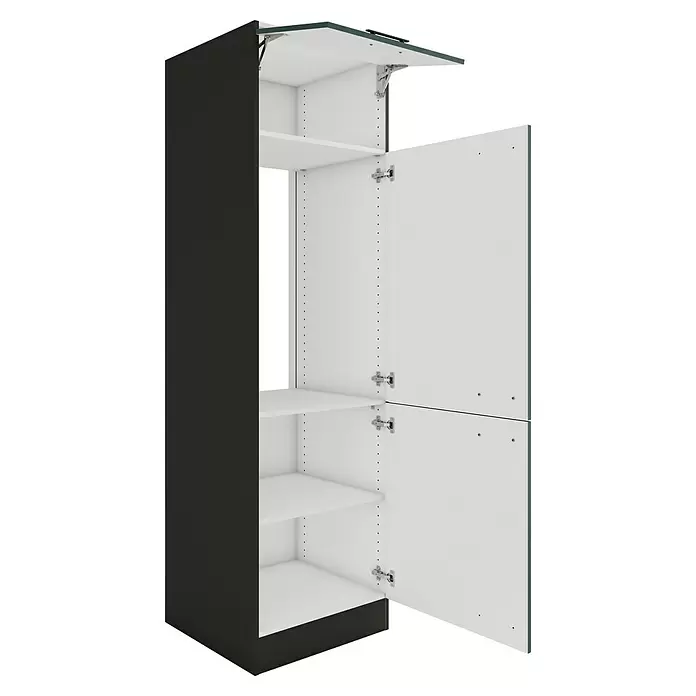 Optifit Verona405 Geräteumbauschrank - 60 x 60 x 206,8 cm, Steingrün, Mit 1 Klappe und 2 Türen mit Nische für Kühlschrank 88 cm - Hoher, dunkelgrauer Schrank mit weißem Innenraum, offenen Regalen und drei geöffneten Türen (eine Klapp-, zwei Scharniertüren).