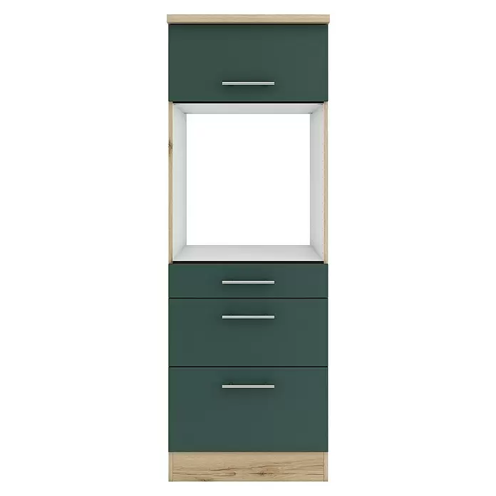 Optifit Savona405 Küchen-Midischrank - 60 x 60 x 174,4 cm, Steingrün, Für Backofen mit 1 Klappe, 1 Schubkasten und 1 Tür - Dunkelgrüner Schrank mit hellen Holzdetails, einer oberen Tür, offenem Fach und drei Schubladen mit silbernen Griffen.