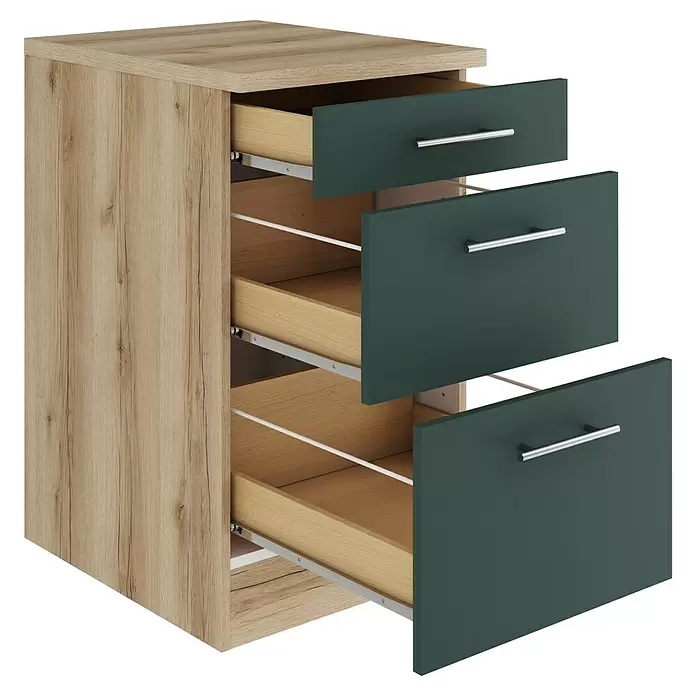 Optifit Savona405 Unterschrank - 60 x 50 x 84,8 cm, Steingrün, Mit 1 Schubkasten und 2 Auszügen - Schrank in Holzoptik mit drei geöffneten dunkelgrünen Schubladen und silbernen Griffen.