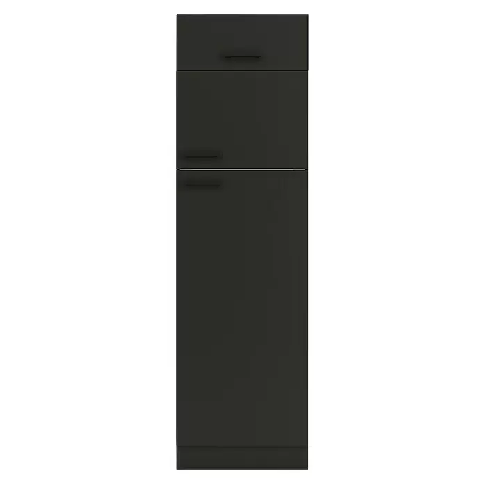 Optifit Madrid420 Geräteumbauschrank - 60 x 60 x 206,8 cm, Anthrazit Matt, Für Kühlschrank Typ 2, Mit Klappe - Dunkelgrauer matter Küchenunterschrank mit zwei Schubladen und integrierten Griffen.