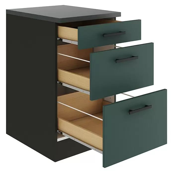 Optifit Verona405 Unterschrank - 60 x 50 x 84,8 cm, Steingrün, Mit 1 Schubkasten und 2 Auszügen - Dunkelgrauer 3-Schubladen-Schrank mit dunkelgrünen Fronten, schwarzen Griffen und hellem Holzinterieur, Schubladen teilweise geöffnet.