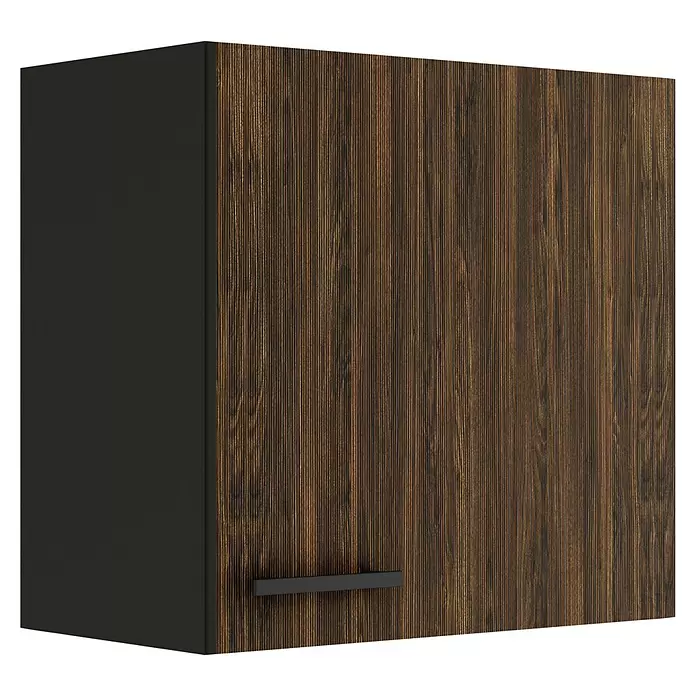 Optifit OPTIkult Hängeschrank Rimini409 - 34,6 x 60 x 57,6 cm, Rillendekor Nussbaum - Dunkelbrauner Wandschrank aus Holz mit vertikaler Maserung, schwarzer Seitenwand und schwarzem Griff.