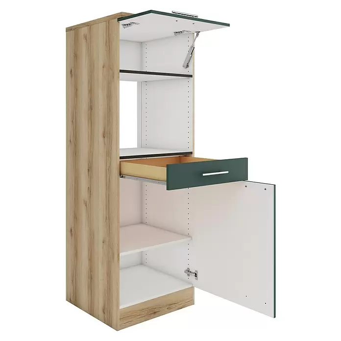 Optifit Savona405 Küchen-Midischrank - 60 x 60 x 174,4 cm, Steingrün, Für Mikrowelle mit 1 Klappe, 1 Schubkasten und 1 Tür - Hoher Schrank mit heller Holzoptik-Seite, weißem Innenraum, offener aufklappbarer Tür und offener dunkelgrüner Schublade mit silbernem Griff.