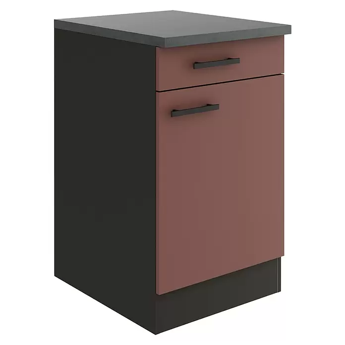 Optifit Nizza407 Unterschrank - 60 x 50 x 84,8 cm, Rostrot, Mit 1 Schubkasten und 1 Tür - Terrakottafarbener Küchenunterschrank mit dunkelgrauer Arbeitsplatte und schwarzen Stangengriffen.