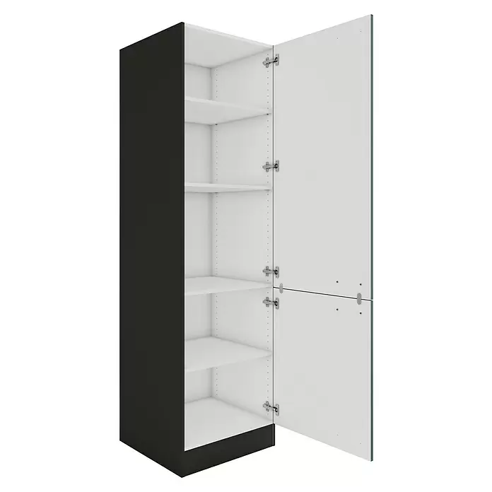Optifit Verona405 Küchen-Hochschrank - 60 x 60 x 206,8 cm, Steingrün - Hoher schwarzer Schrank mit weißem Innenraum und Regalböden, beide Türen offenbaren verstellbaren Stauraum.
