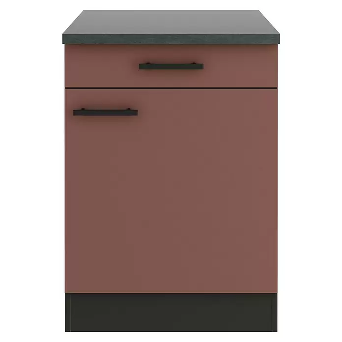 Optifit Nizza407 Unterschrank - 60 x 60 x 84,8 cm, Rostrot, Mit 1 Schubkasten und 1 Tür - Braunroter Küchenunterschrank mit dunkler Arbeitsplatte und schwarzen Griffen, bestehend aus Schublade und Tür.