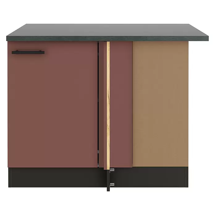 Optifit Nizza407 Unterschrank für Eck Typ 1 - 60 x 110 x 84,8 cm, Rostrot - Rotbrauner Küchenunterschrank mit dunkelgrauer Arbeitsplatte, schwarzem Griff und freigelegter Holzoptik-Innenverkleidung.