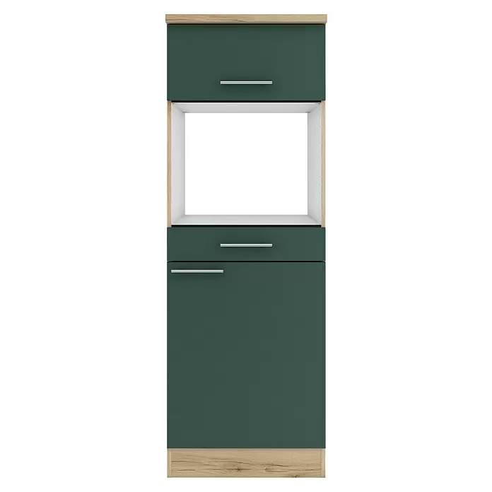 Optifit Savona405 Küchen-Midischrank - 60 x 60 x 174,4 cm, Steingrün, Für Mikrowelle mit 1 Klappe, 1 Schubkasten und 1 Tür - Dunkelgrüner Küchenschrank mit hellen Holzverzierungen. Mit Oberschrank, offenem Gerätefach, zwei Schubladen und Unterschrank. Alle Griffe sind silbern.