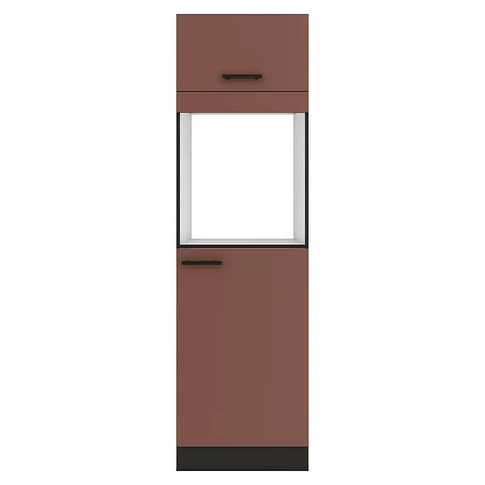 Optifit Nizza407 Geräteumbauschrank - 60 x 60 x 206,8 cm, Rostrot, Mit 1 Klappe und 2 Türen für Backofen und Kühlschrank 88 cm - Mattes taupefarbenes Küchenhochschrank mit schwarzen Griffen, offenem Fach und schwarzer Sockelleiste.