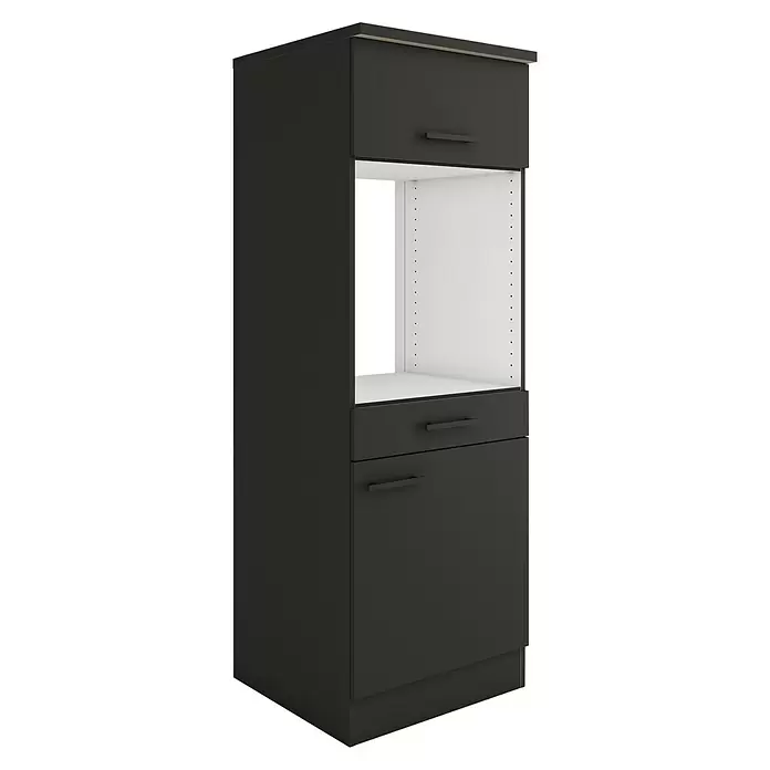 Optifit Madrid420 Midischrank - 60 x 60 x 174,4 cm, Anthrazit Matt, Für Backofen und Kühlschrank 88 cm mit 1 Tür - Hoher dunkelgrauer Küchenschrank mit offenem Fach für Backofen/Mikrowelle, Oberschrank und zwei Unterschubladen.