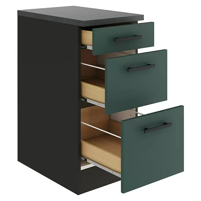 Optifit Verona405 Küchen-Unterschrank - 60 x 40 x 84,8 cm, Steingrün, Mit 1 Schubkasten und 2 Auszügen - Dunkelgrauer Schrank mit dunkelgrauer Arbeitsplatte und drei teilweise geöffneten dunkelgrünen Schubladen mit hellem Holzinterieur.