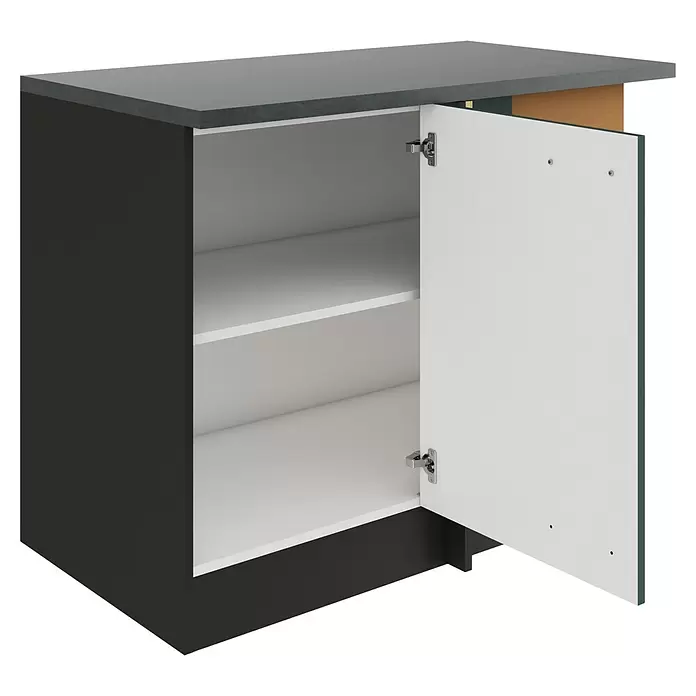 Optifit Verona405 Eck-Unterschrank für Eck Typ 1 - 60 x 110 x 84,8 cm, Steingrün - Dunkelgrauer Küchenunterschrank mit offener weißer Tür und zwei weißen Einlegeböden.