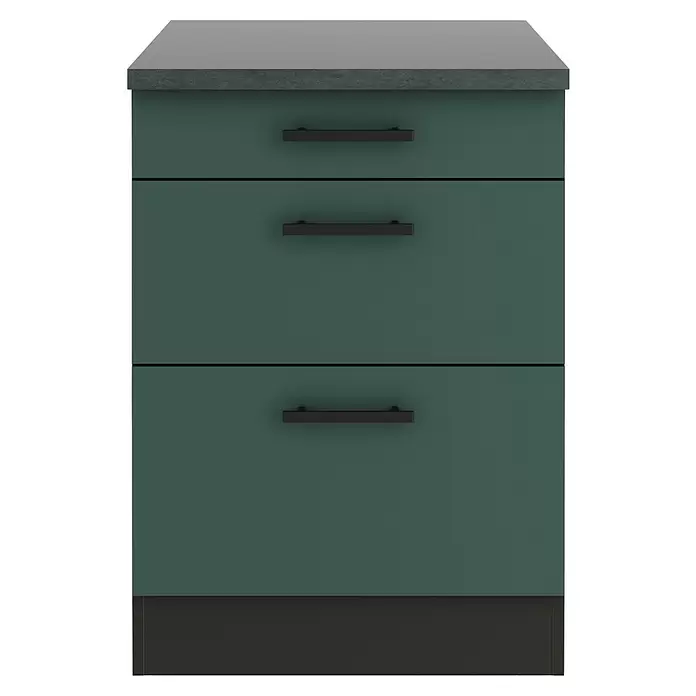 Optifit Verona405 Unterschrank - 60 x 60 x 84,8 cm, Steingrün, M 1 Schubkasten und 2 Auszügen - Dunkelgrüner dreischubiger Schrank mit schwarzen Griffen und grauer Arbeitsplatte.