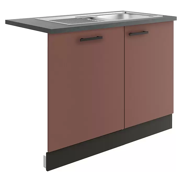 Optifit Nizza407 Spülenunterschrank - 60 x 110 x 84,8 cm, Rostrot, Mit Blende 60 cm für vollintegrierten Geschirrspüler - Küchenspülenschrank mit dunkelgrauer Arbeitsplatte, integrierter Spüle und rotbraunen Türen mit schwarzen Griffen.