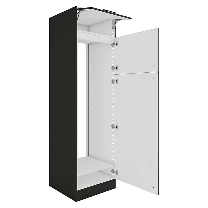 Optifit Madrid420 Geräteumbauschrank - 60 x 60 x 206,8 cm, Anthrazit Matt, Für Kühlschrank Typ 2, Mit Klappe - Hoher dunkelgrau-weißer offener Schrank mit mehreren Türen, Regalen und sichtbaren Scharnieren.
