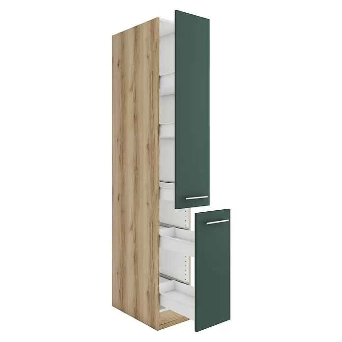 Optifit Savona405 Apotheker-Hochschrank - 60 x 30 x 206,8 cm, Steingrün - Hoher Schrank mit heller Holzmaserung an der Seite und dunkelgrünen, teilweise geöffneten Auszugschubladen mit weißem Innenraum.