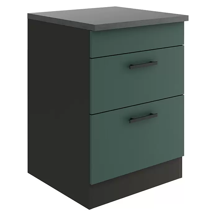 Optifit Verona405 Unterschrank - 60 x 60 x 84,8 cm, Steingrün, Mit 1 Blende und 2 Auszügen - Dunkeltürkiser Küchenunterschrank mit zwei Schubladen, dunkelgrauer Arbeitsplatte und schwarzen Griffen.