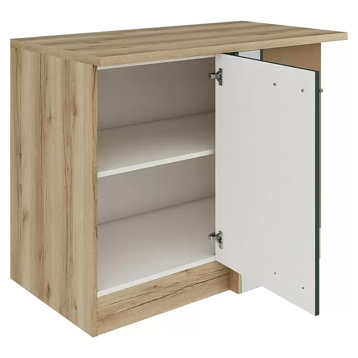 Optifit Savona405 Eck-Unterschrank für Eck Typ 2 - 60 x 110 x 84,8 cm, Steingrün - Heller Holzmaserungsschrank mit geöffneter weißer Tür, die zwei weiße Innenregale zeigt.