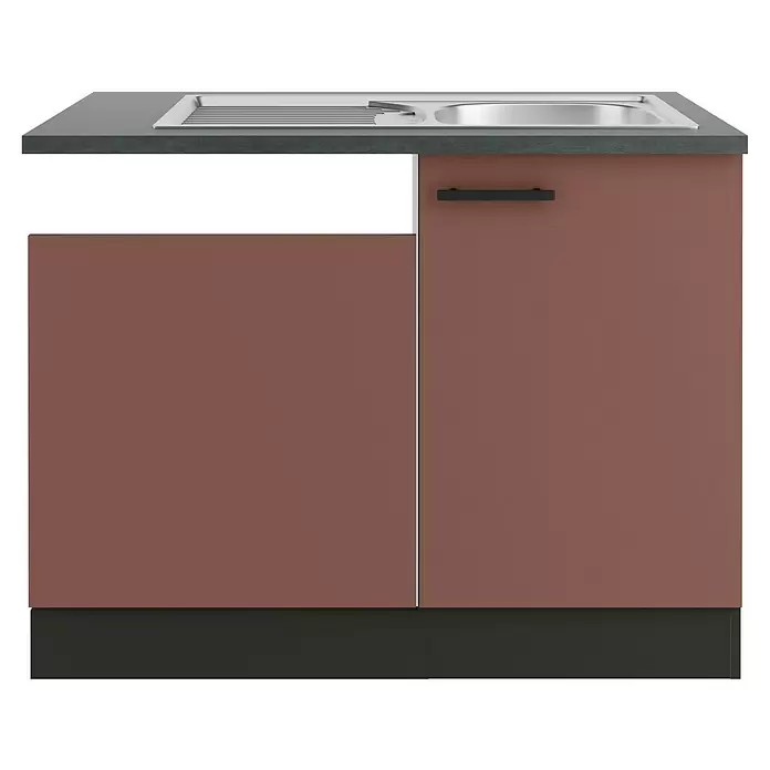 Optifit Nizza407 Spülenunterschrank - 60 x 110 x 84,8 cm, Rostrot, Mit Blende 60 cm für teilintegrierten Geschirrspüler - Rostbrauner Küchenunterschrank mit dunkelgrauer Arbeitsplatte, Edelstahlspüle und schwarzem Griff.