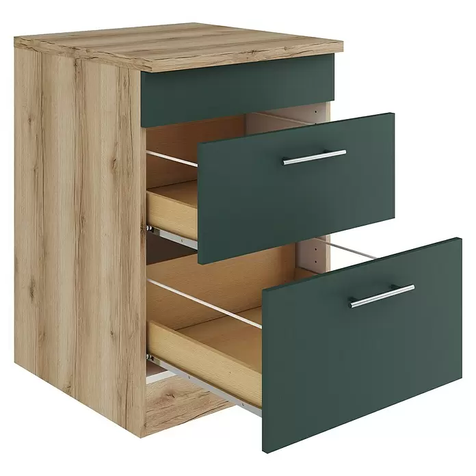 Optifit Savona405 Unterschrank - 60 x 60 x 84,8 cm, Steingrün, Mit 1 Blende und 2 Auszügen - Nachttisch mit zwei Schubladen: heller Holzrahmen und dunkelgrüne Fronten, teilweise geöffnet.