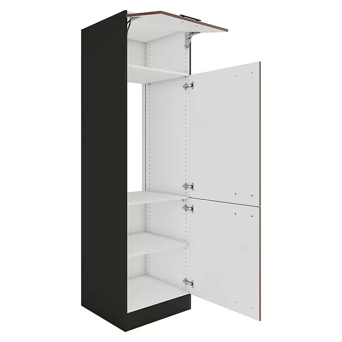 Optifit Nizza407 Kühlumbauschrank - B x T x H: 60 x 60 x 206,8 cm, Rostrot, Mit 1 Klappe und 2 Türen mit Nische für Kühlschrank 88 cm - Hoher, dunkler Schrank mit offenen weißen Türen und Innenböden. Verstellbare Regalböden und Metallscharniere.