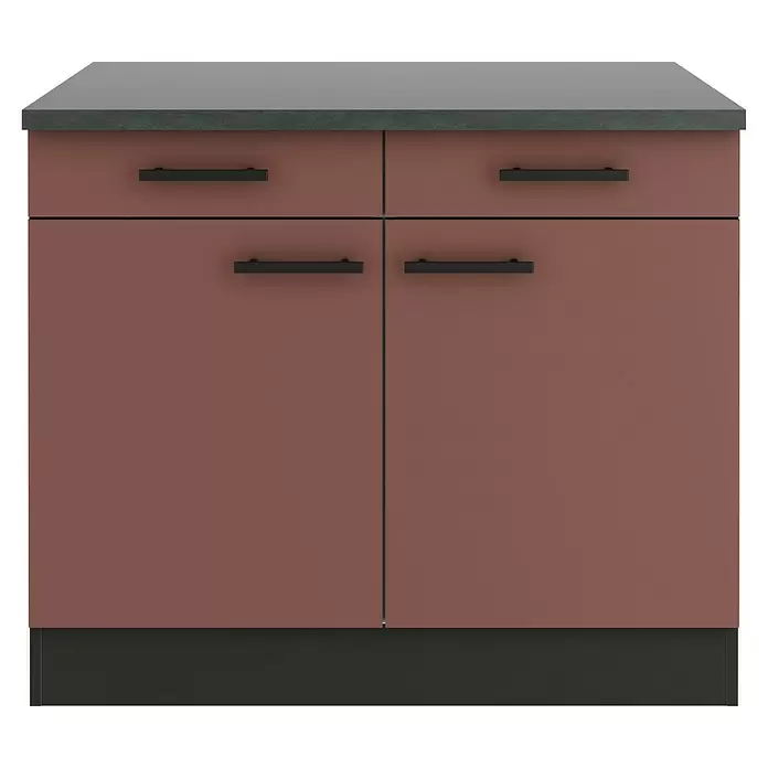 Optifit Nizza407 Unterschrank - 60 x 100 x 84,8 cm, Rostrot, Mit 2 Schubkästen und 2 Türen - Terrakottafarbener Küchenunterschrank mit dunkelgrauer Arbeitsplatte, zwei Schubladen und zwei Türen mit schwarzen Griffen.