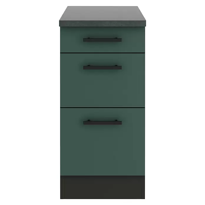 Optifit Verona405 Küchen-Unterschrank - 60 x 40 x 84,8 cm, Steingrün, Mit 1 Schubkasten und 2 Auszügen - Dreischubladenkommode mit dunkelgrünen Schubladen, schwarzen Griffen und einer dunkelgrauen Arbeitsplatte.