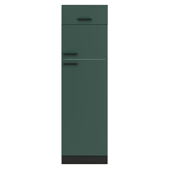 Optifit Verona405 Geräteumbauschrank - 60 x 60 x 206,8 cm, Steingrün, M 1 Klappe und 2 Türen mit Nische für Kühlschrank 144 cm - Dunkelgrüner Küchenschrank mit drei schwarzen Stangengriffen und dunklem Sockel.
