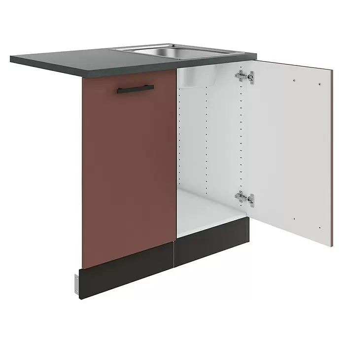 Optifit Nizza407 Spülenunterschrank - 60 x 90 x 84,8 cm, Rostrot, Mit Blende 45 cm für vollintegrierten Geschirrspüler - Brauner Küchenunterschrank mit dunkelgrauer Arbeitsplatte und Edelstahlspüle, offene Tür zeigt das Innere.