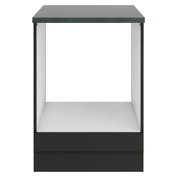 Optifit Madrid420 Herd-Umbauschrank - 60 x 60 x 84,8 cm, Anthrazit Matt - Dunkelgrauer Küchenunterschrank mit weißem offenem Fach und dunkelgrauer Arbeitsplatte.