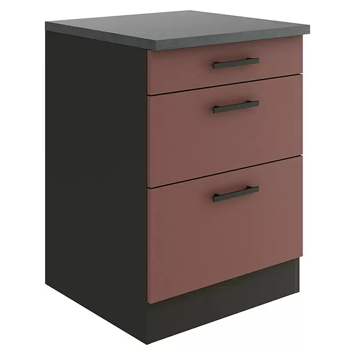 Optifit Nizza407 Unterschrank - 60 x 60 x 84,8 cm, Rostrot, M 1 Schubkasten und 2 Auszügen - Küchenunterschrank mit drei rotbraunen Schubladen, dunkelgrauem Korpus, grauer Arbeitsplatte und schwarzen Griffen.