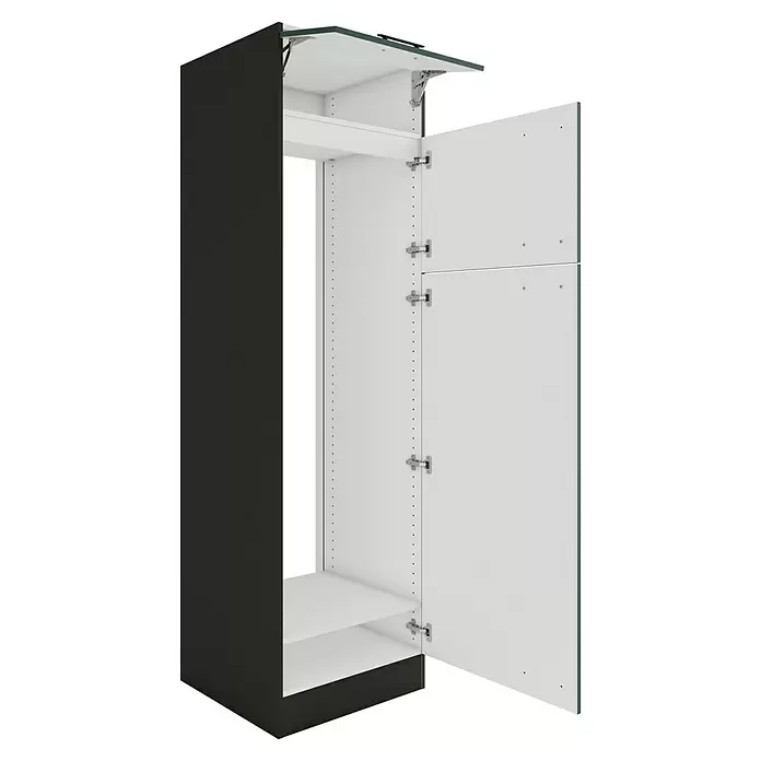 Optifit Verona405 Geräteumbauschrank - 60 x 60 x 206,8 cm, Steingrün, M 1 Klappe und 2 Türen mit Nische für Kühlschrank 144 cm - Hoher, offen stehender Küchenschrank in Schwarz-Weiß mit Regalböden, einer hochklappbaren und seitlich öffnenden Tür.