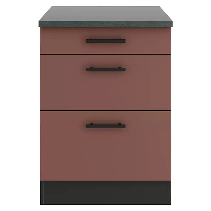 Optifit Nizza407 Unterschrank - 60 x 60 x 84,8 cm, Rostrot, M 1 Schubkasten und 2 Auszügen - Dreischubladen-Schrank mit rotbraunen Fronten, schwarzen Griffen, dunkelgrauer Platte und Sockel.