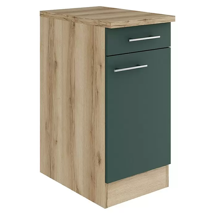 Optifit Savona405 Unterschrank - 60 x 40 x 84,8 cm, Steingrün, Mit 1 Schubkasten und 1 Tür - Schrank in heller Holzoptik mit dunkelgrünen Schubladenfronten und silbernen Griffen.