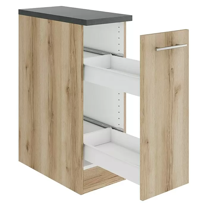 Optifit Livorno290 Unterschrank - 60 x 30 x 84,8 cm, Wildeiche Nachbildung, Mit 1 Auszug und 2 Metallschubkästen - Holz-Unterschrank mit dunkelgrauer Platte und zwei teilweise geöffneten weißen Schubladen mit Auszügen.