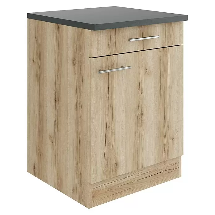 Optifit Livorno290 Küchen-Unterschrank - 60 x 60 x 84,8 cm, Wildeiche Nachbildung, Mit 1 Schubkasten und 1 Tür - Küchenunterschrank aus hellem Holzdekor mit dunkelgrauer Arbeitsplatte, einem Schubkasten und einer Tür, beide mit silbernen Griffen.