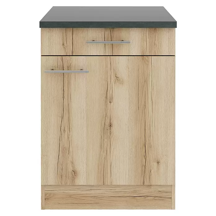 Optifit Livorno290 Küchen-Unterschrank - 60 x 60 x 84,8 cm, Wildeiche Nachbildung, Mit 1 Schubkasten und 1 Tür - Küchenunterschrank in heller Holzoptik mit dunkler Arbeitsplatte und zwei silbernen Griffen.